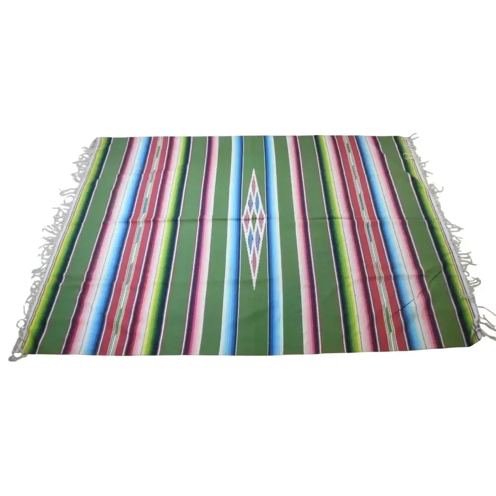 Serape Saltillo Mexican Multi Colored Fringe Wool Blanket 91x62 1/2 Vintage